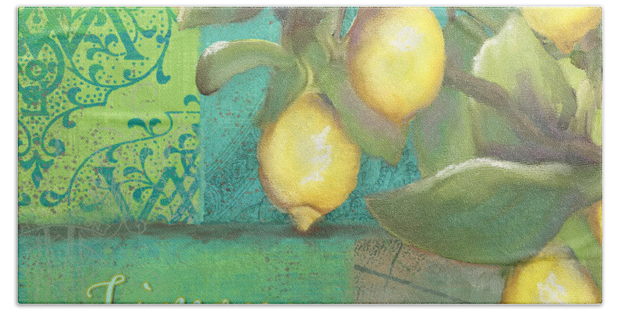Tuscan Hand Towel featuring the painting Tuscan Lemon Tree - Damask Pattern 2 by Audrey Jeanne Roberts