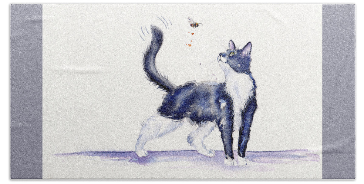 Cat Hand Towel featuring the painting Tuxedo Cat and Bumble Bee by Debra Hall