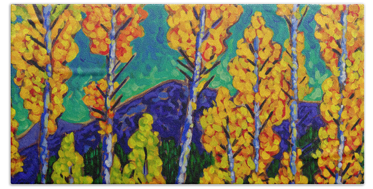 Twilight Bath Towel featuring the painting Twilight Aspens by Cathy Carey