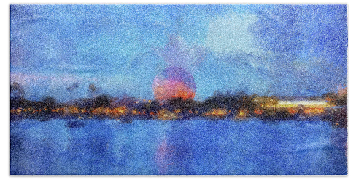 Epcot Bath Towel featuring the photograph Twilight Epcot World Showcase Lagoon WDW 02 Photo Art MP by Thomas Woolworth