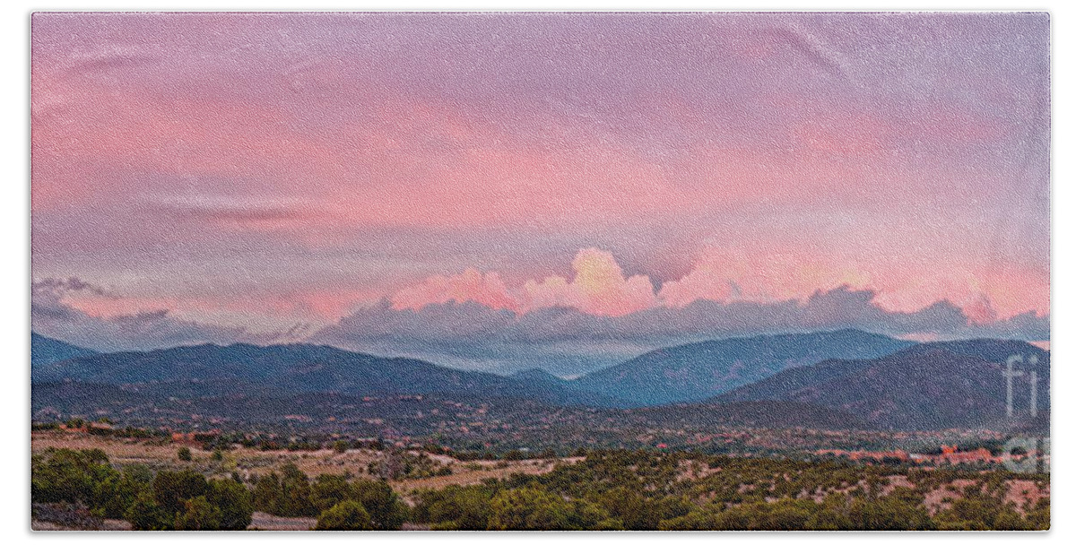 Santa Fe Bath Towel featuring the photograph Twilight Panorama of Sangre de Cristo Mountains and Santa Fe - New Mexico Land of Enchantment by Silvio Ligutti