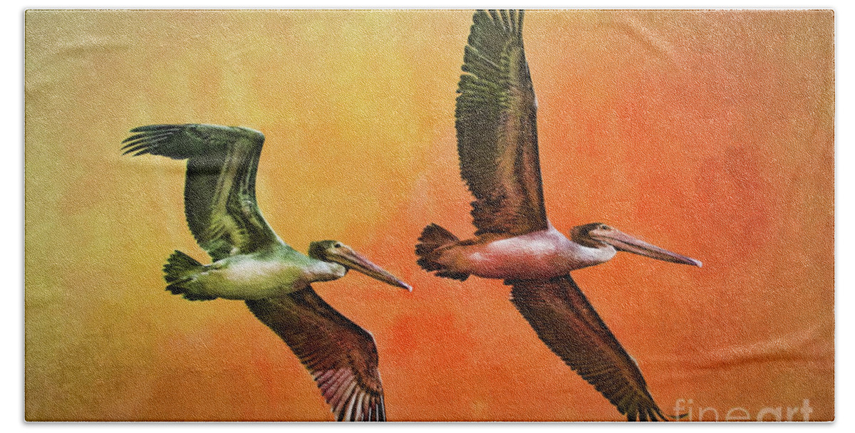 Pelicans Bath Towel featuring the painting Twin Flight by Deborah Benoit