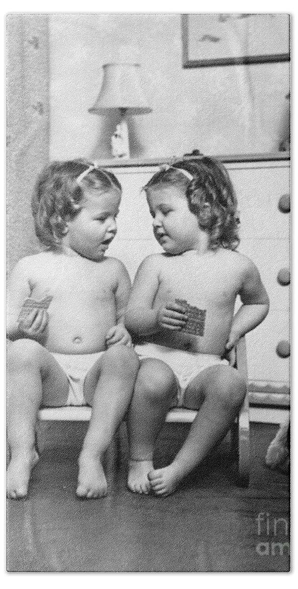 1930s Bath Sheet featuring the photograph Twin Girls Sitting In A Double Seat by H. Armstrong Roberts/ClassicStock
