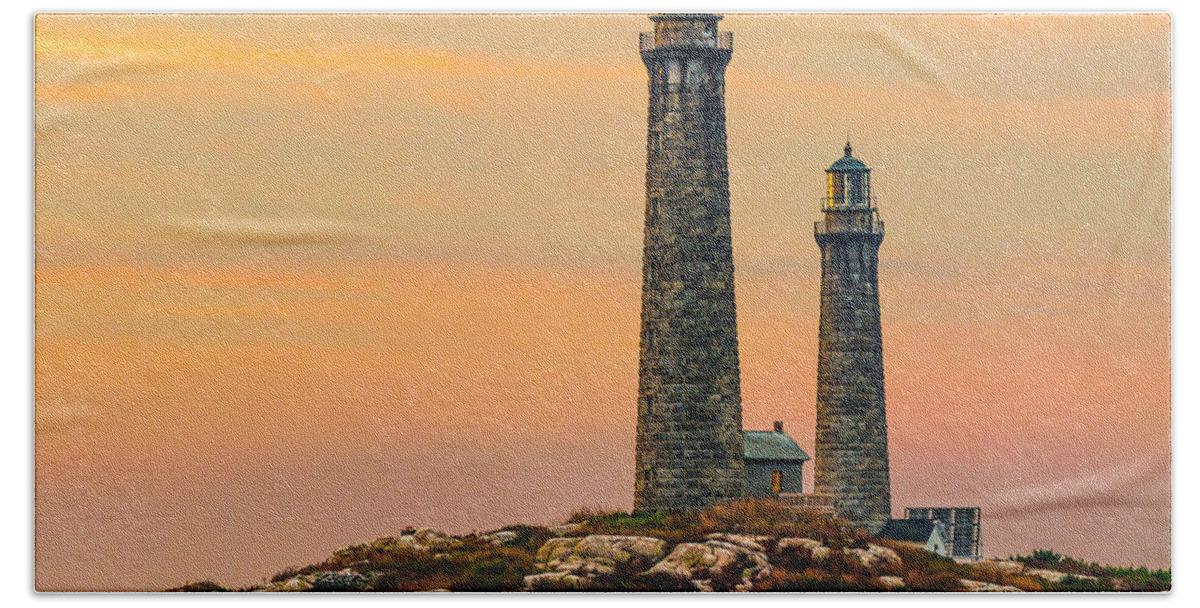 Lighthouse Hand Towel featuring the photograph Twin Lights with Morning Glow by Tim Kirchoff