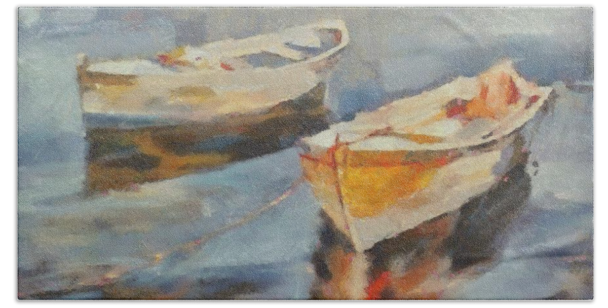 Landscapes Bath Towel featuring the painting Two boats on a mooring by Dragica Micki Fortuna
