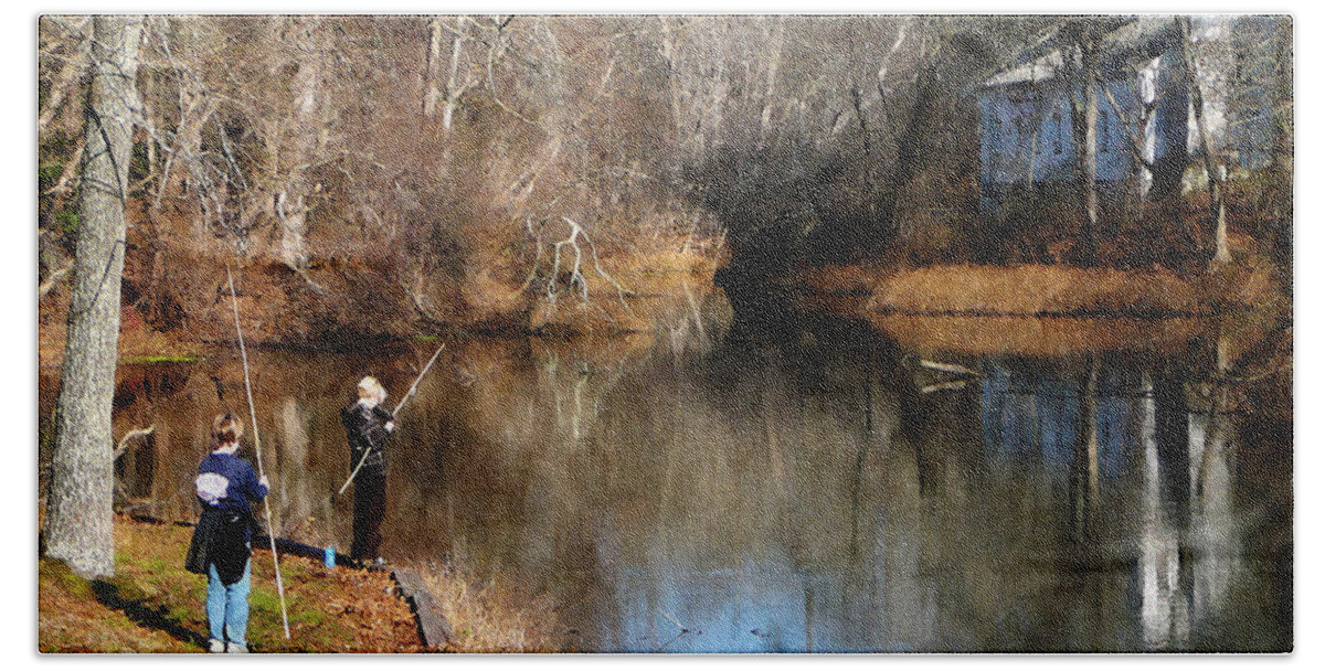 Nature Bath Towel featuring the photograph Two Boys Fishing by Susan Savad