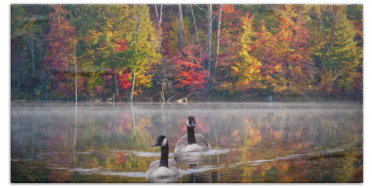 Canada Hand Towel featuring the photograph Two Canadian Geese swimming in Autumn by Randall Nyhof