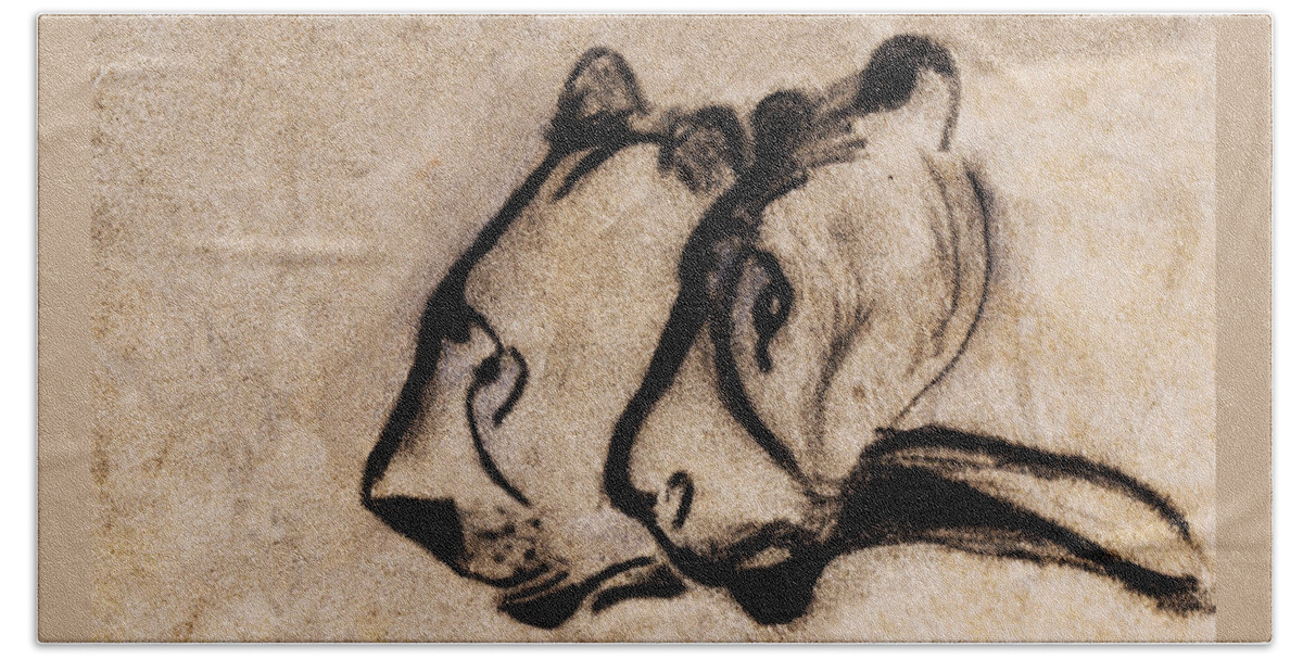 Chauvet Cave Lions Hand Towel featuring the painting Two Chauvet Cave Lions - Clear Version by Weston Westmoreland