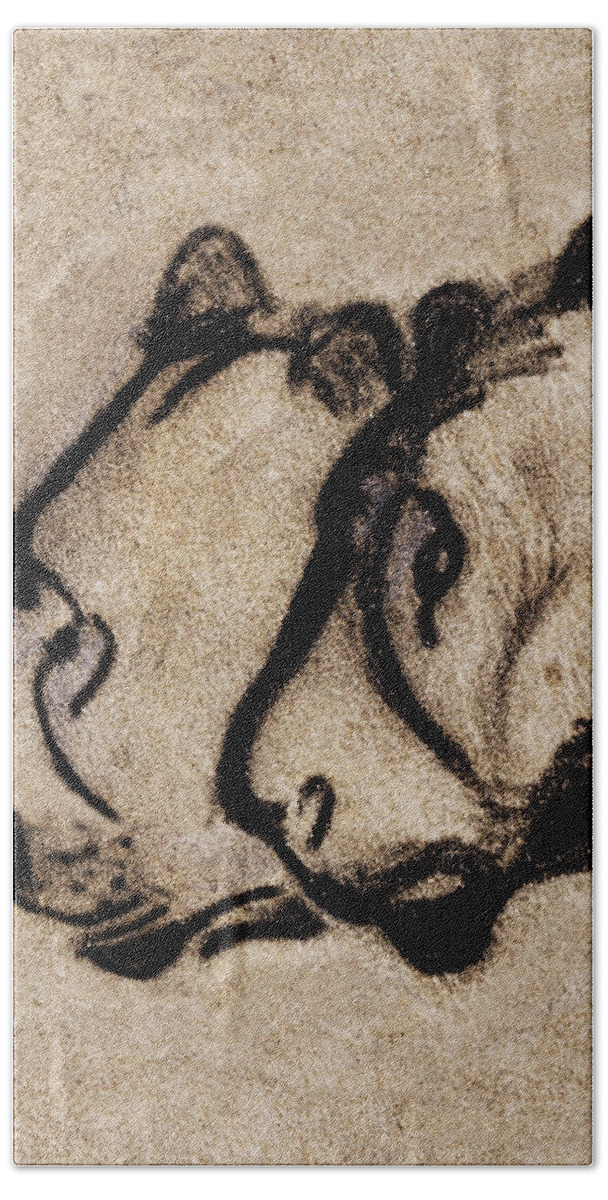 Chauvet Cave Lions Bath Towel featuring the painting Two Chauvet Cave Lions - Vertical Version by Weston Westmoreland