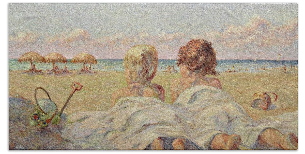 Children On The Beach Hand Towel featuring the painting Two children on the beach by Pierre Dijk