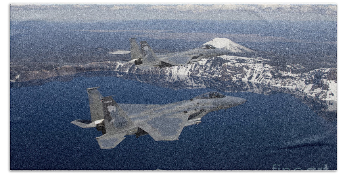 Color Image Bath Towel featuring the photograph Two F-15 Eagles Fly Over Crater Lake by HIGH-G Productions