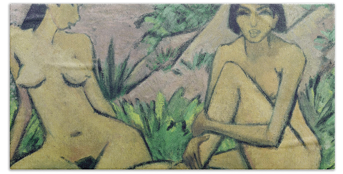 Female Hand Towel featuring the painting Two female nudes in a landscape, 1922 by Otto Muller or Mueller