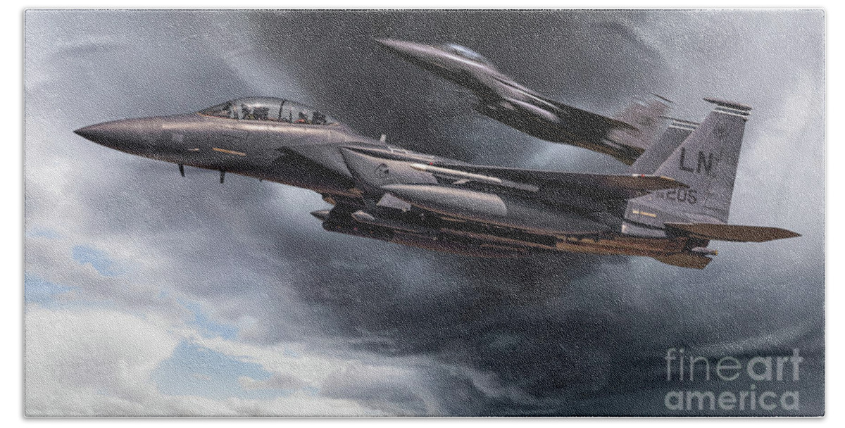 Usaf Hand Towel featuring the photograph Two fighter jets close up in storm clouds by Simon Bratt