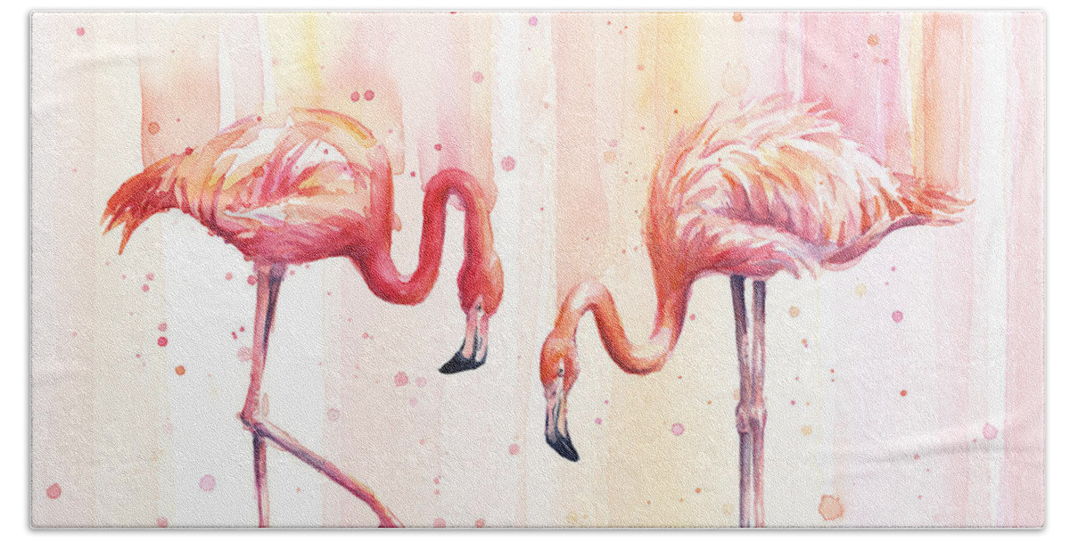 Flamingo Hand Towel featuring the painting Two Flamingos Watercolor by Olga Shvartsur