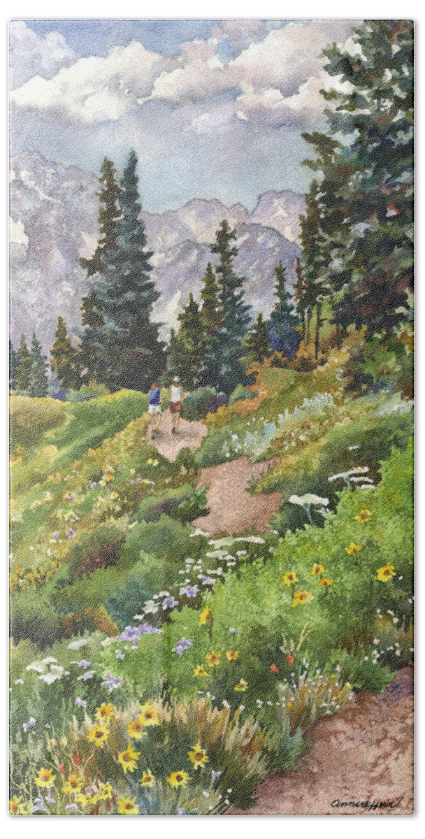 Colorado Hiking Trail Painting Bath Sheet featuring the painting Two Hikers by Anne Gifford