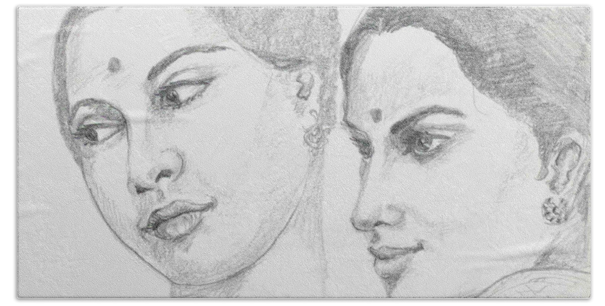 Sketch Of Indian Women Hand Towel featuring the drawing Two Indian women by Asha Sudhaker Shenoy