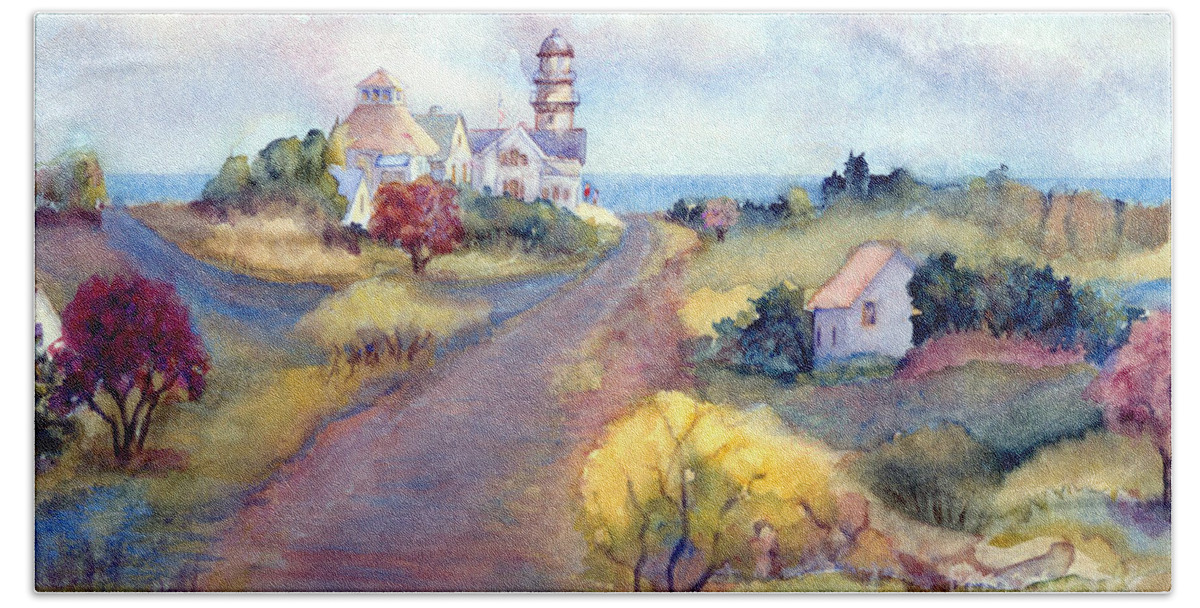 Two Lights Hand Towel featuring the painting Two Lights in Cape Elizabeth Maine by Pamela Parsons