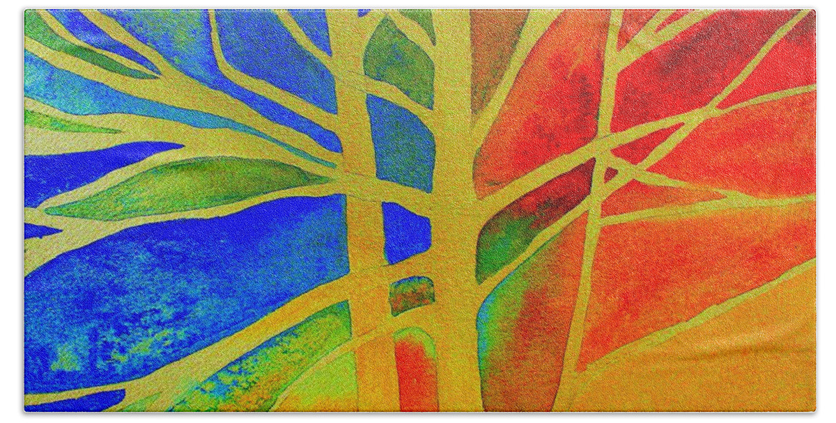 Tree Bath Towel featuring the painting Two Lives Intertwined by Julie Lueders 
