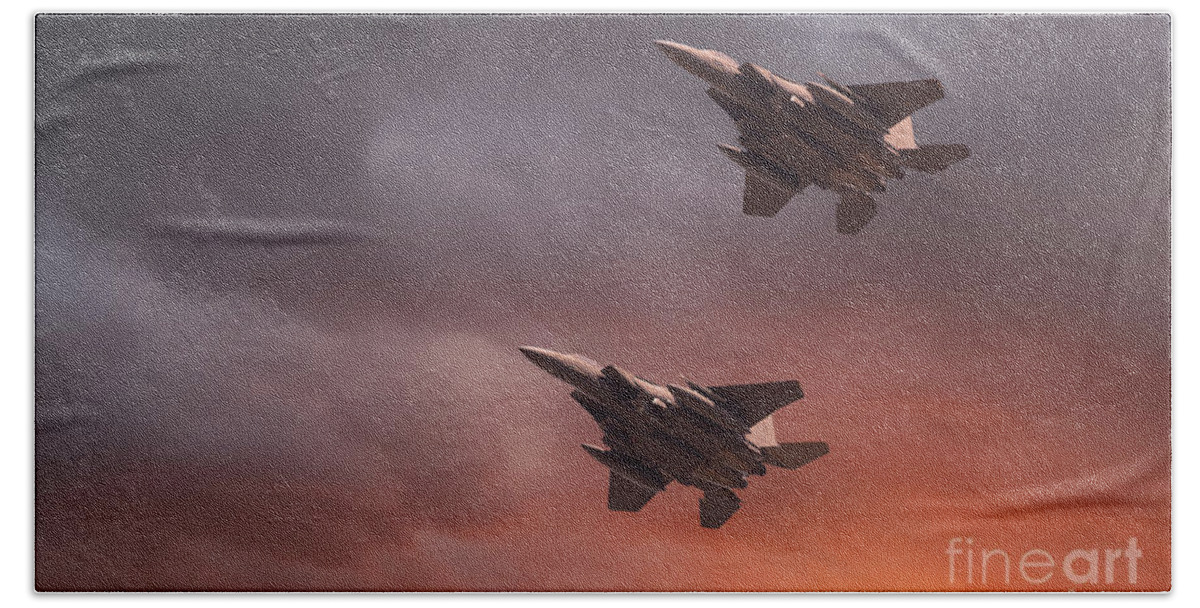 Usaf Bath Towel featuring the photograph Two low flying F-15E Strike Eagles at sunset by Simon Bratt