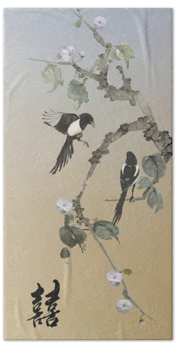 Asian Hand Towel featuring the digital art  Two Magpies            by M Spadecaller
