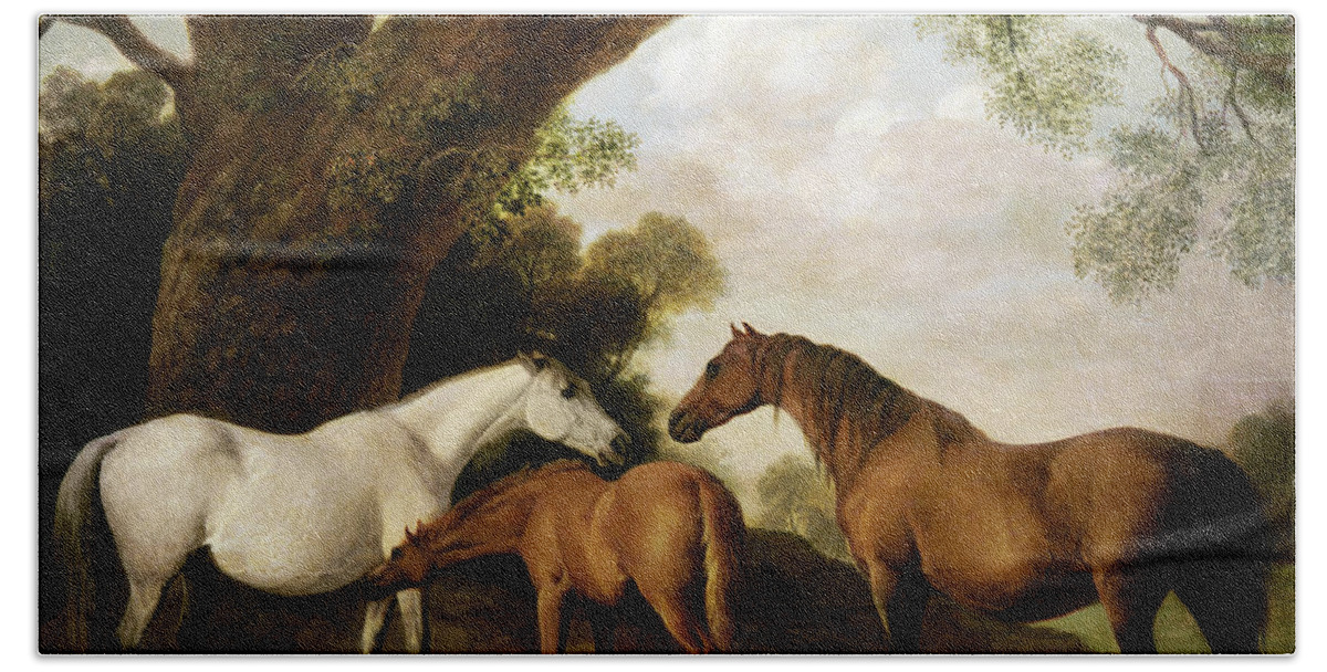 Two Hand Towel featuring the painting Two Mares and a Foal by George Stubbs