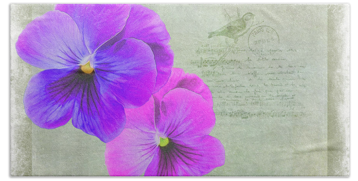 Pink Bath Towel featuring the photograph Two Pansies by Cathy Kovarik