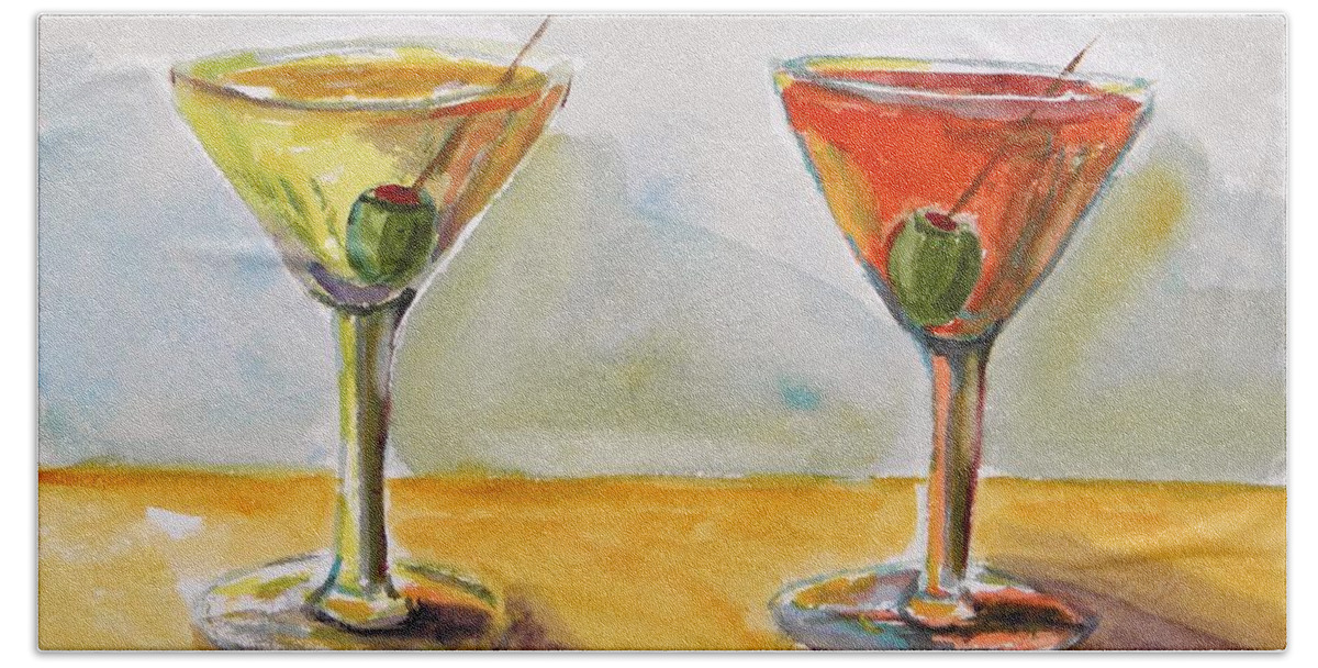 Olives Bath Towel featuring the painting Two Perfect Martinis by John Williams