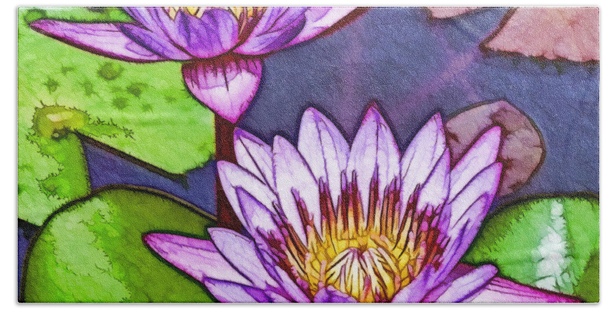 Pink Lotus Flower Bath Towel featuring the painting Two Purple Lotus Flower by Jeelan Clark