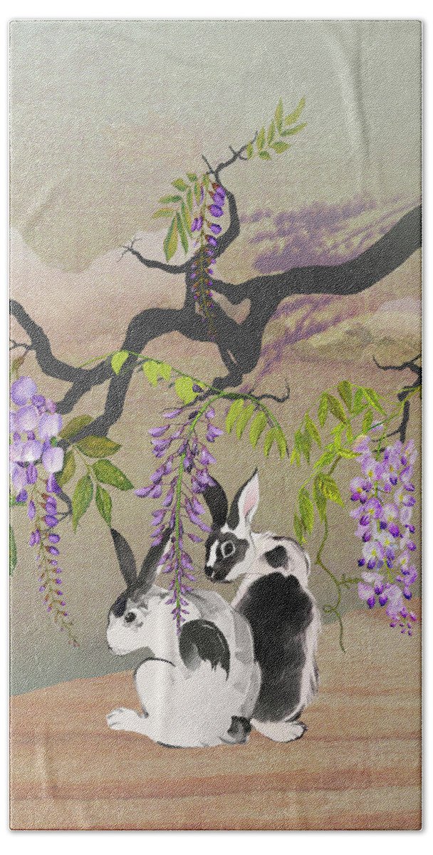 Rabbit Hand Towel featuring the digital art Two Rabbits Under Wisteria Tree by M Spadecaller
