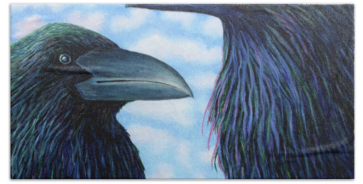 Raven Hand Towel featuring the painting Two Ravens by Brian Commerford