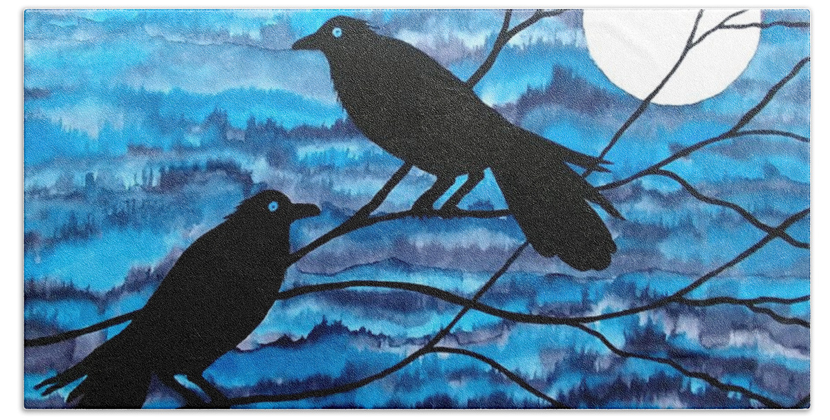 Ravens Bath Towel featuring the mixed media Two Ravens by Laurie Anderson