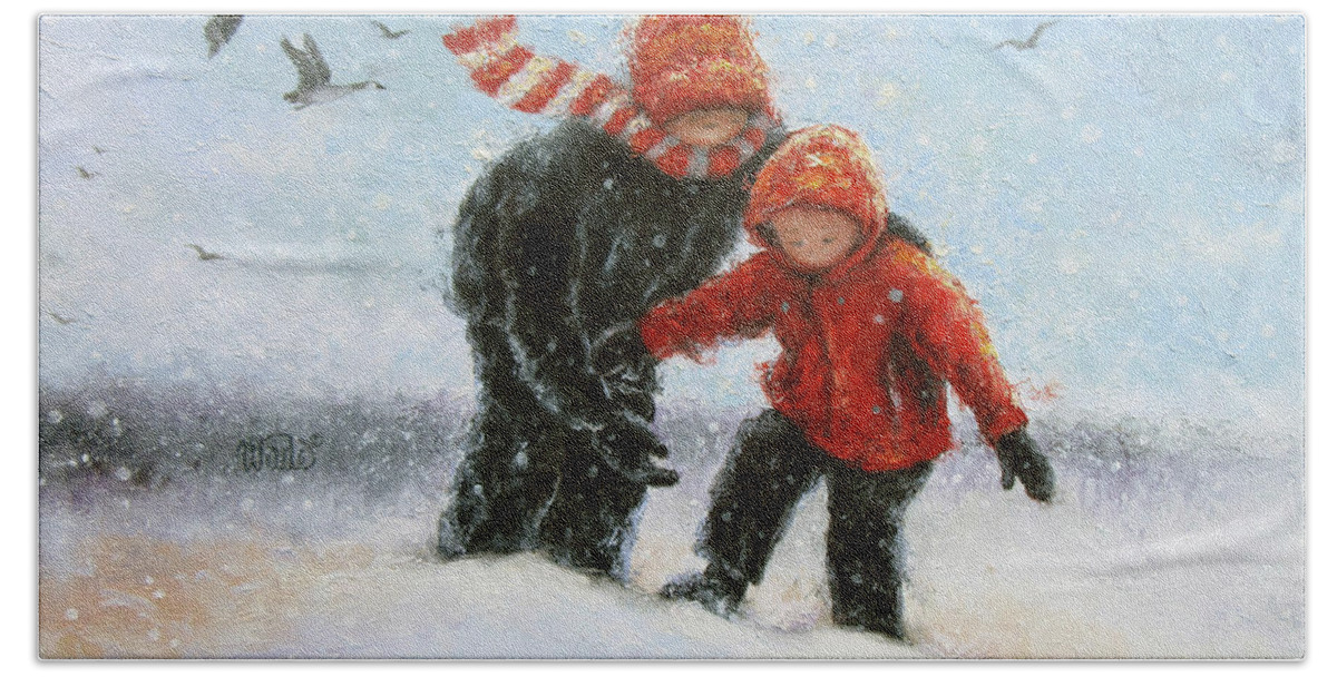 Two Snow Children Hand Towel featuring the painting 			Two Snow Children		 by Vickie Wade