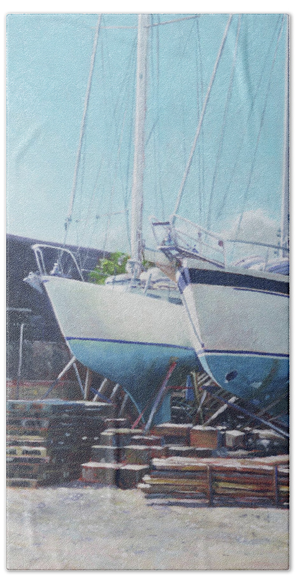 Yachts Bath Towel featuring the painting Two yachts receiving maintenance in a yard by Martin Davey