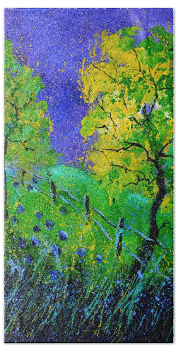 Landscape Hand Towel featuring the painting Two yellow trees by Pol Ledent