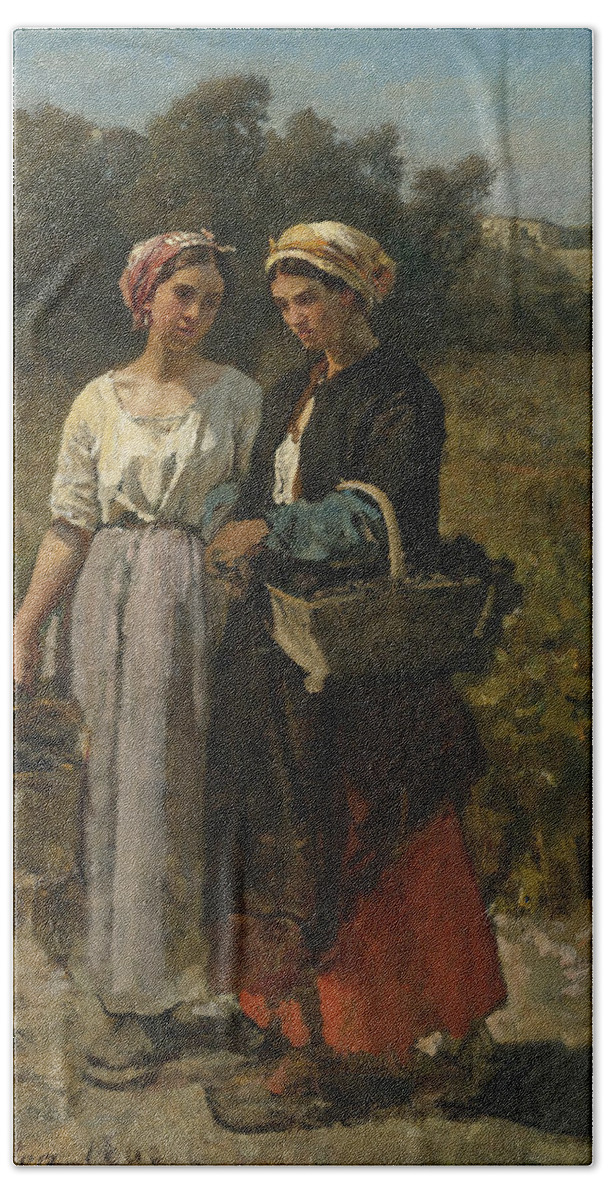 Jules Breton Bath Towel featuring the painting Two Young Women picking Grapes by Jules Breton