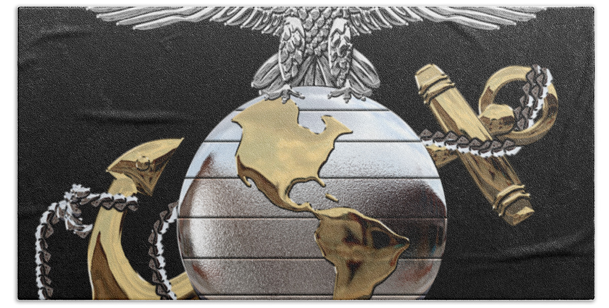 'usmc' Collection By Serge Averbukh Bath Towel featuring the digital art U S M C Eagle Globe and Anchor - C O and Warrant Officer E G A over Black Velvet by Serge Averbukh