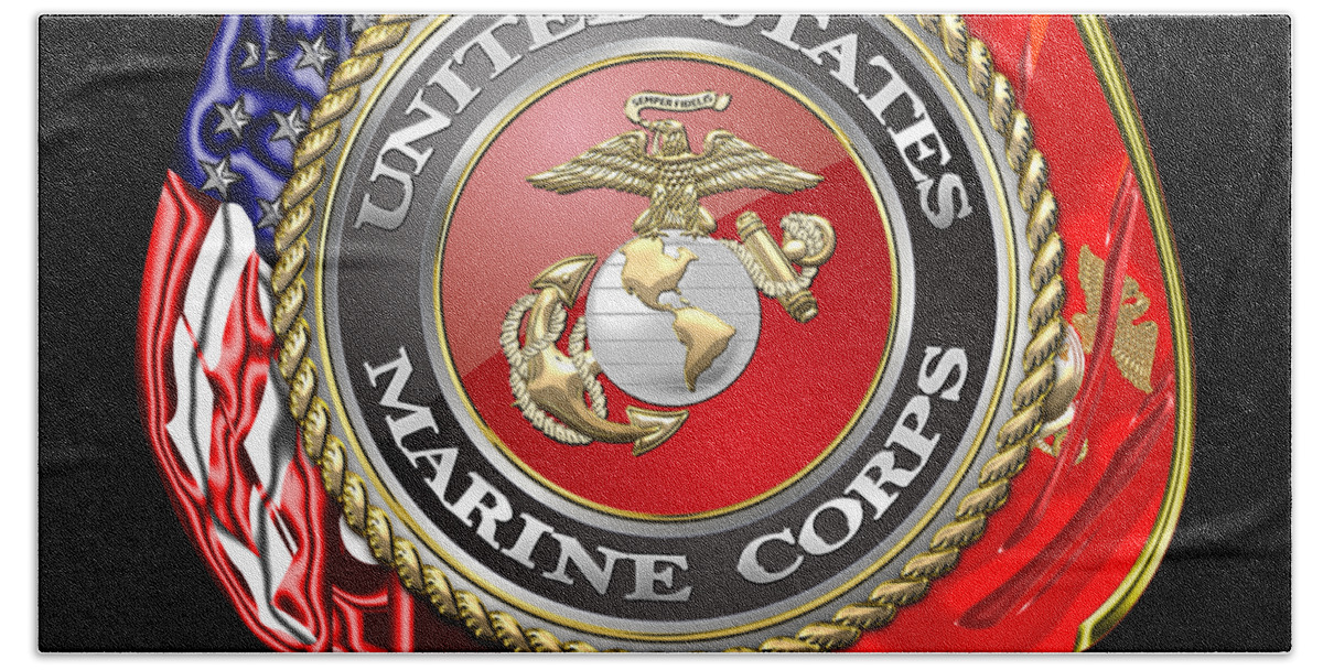 'military Insignia & Heraldry 3d' Collection By Serge Averbukh Bath Towel featuring the digital art U. S. Marine Corps U S M C Emblem on Black by Serge Averbukh