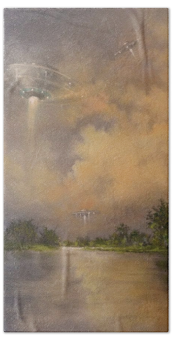 Ufo Bath Towel featuring the painting UFOs Above the Lake by Tom Shropshire