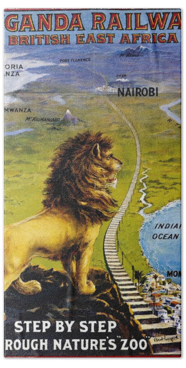 Uganda Hand Towel featuring the mixed media Uganda Railway - British East Africa - Retro travel Poster - Vintage Poster by Studio Grafiikka