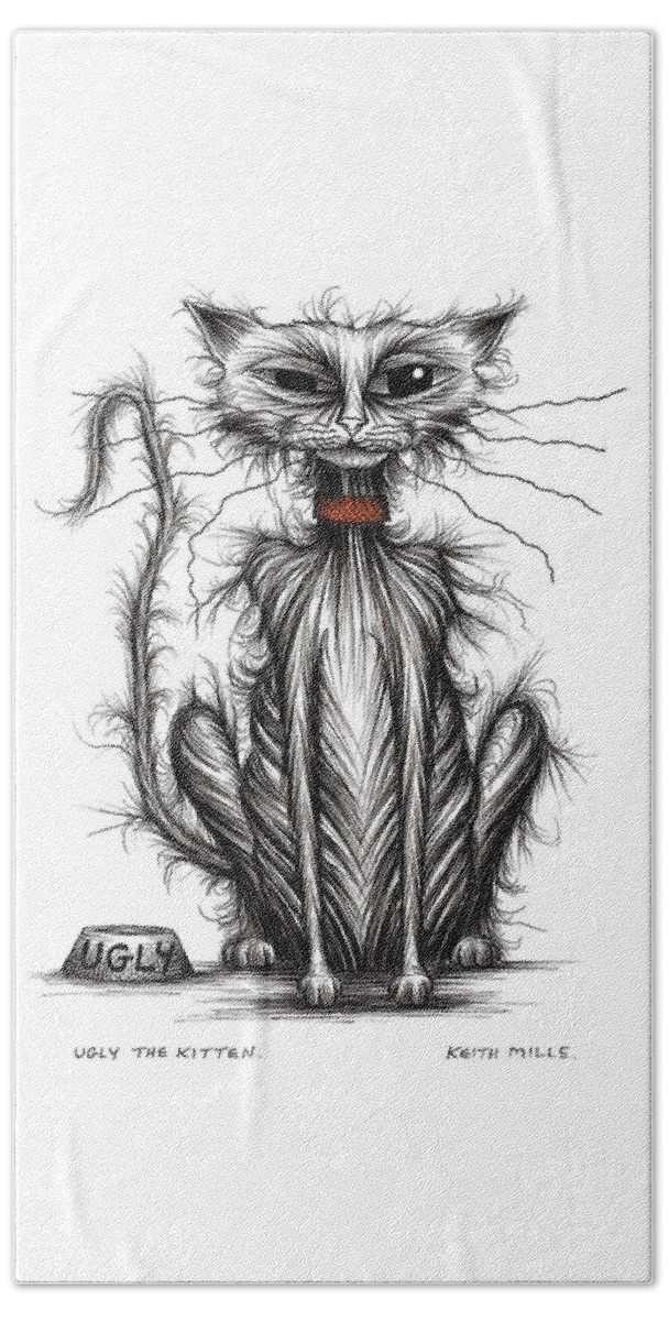 Ugly Kitten Bath Towel featuring the drawing Ugly the kitten by Keith Mills