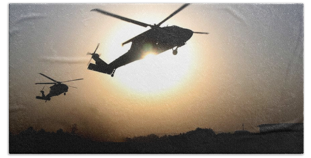 Military Bath Towel featuring the painting UH-60 Black Hawk helicopters by Celestial Images