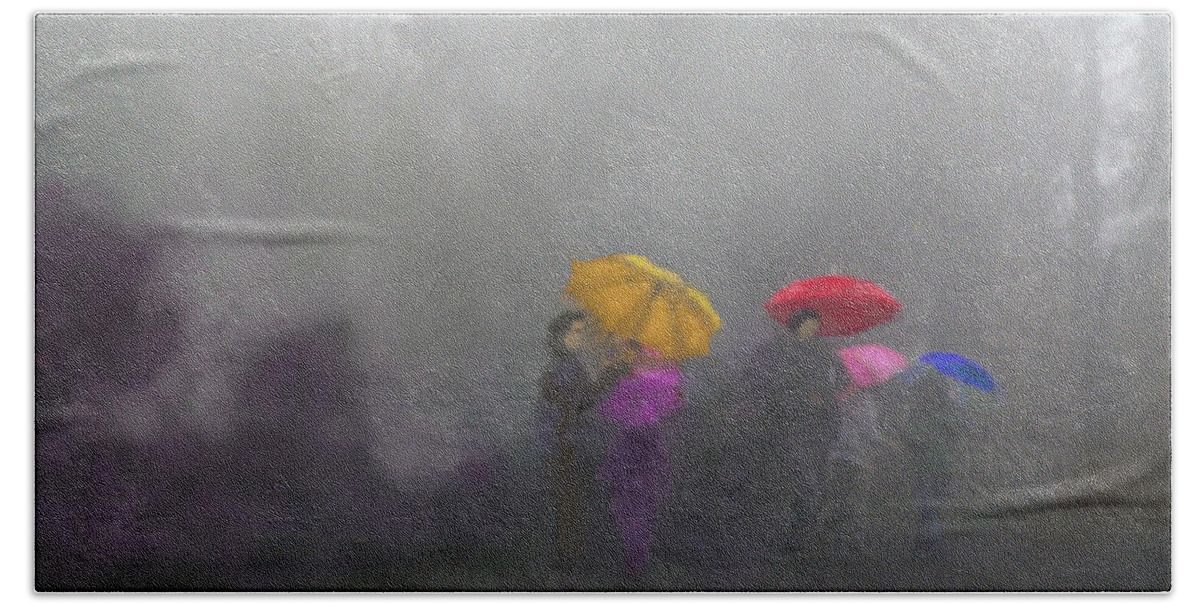 Umbrellas On A Foggy Morning Bath Towel featuring the digital art Umbrellas on a foggy morning by Uma Krishnamoorthy