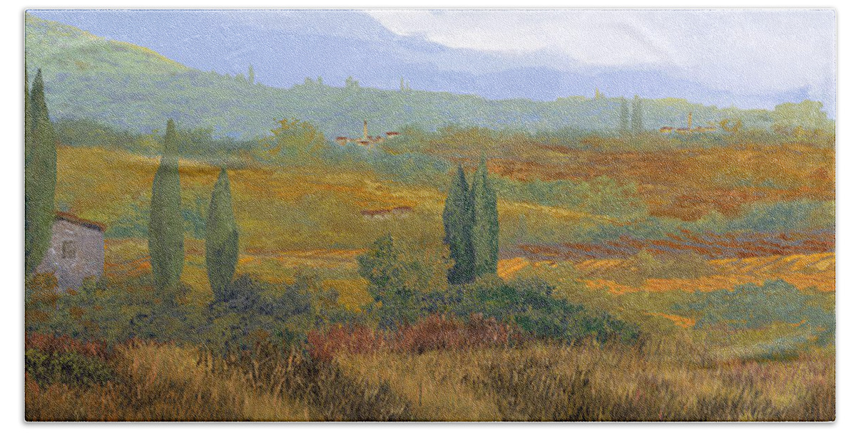 Landscape Bath Sheet featuring the painting un altro pomeriggio a spasso in Toscana by Guido Borelli