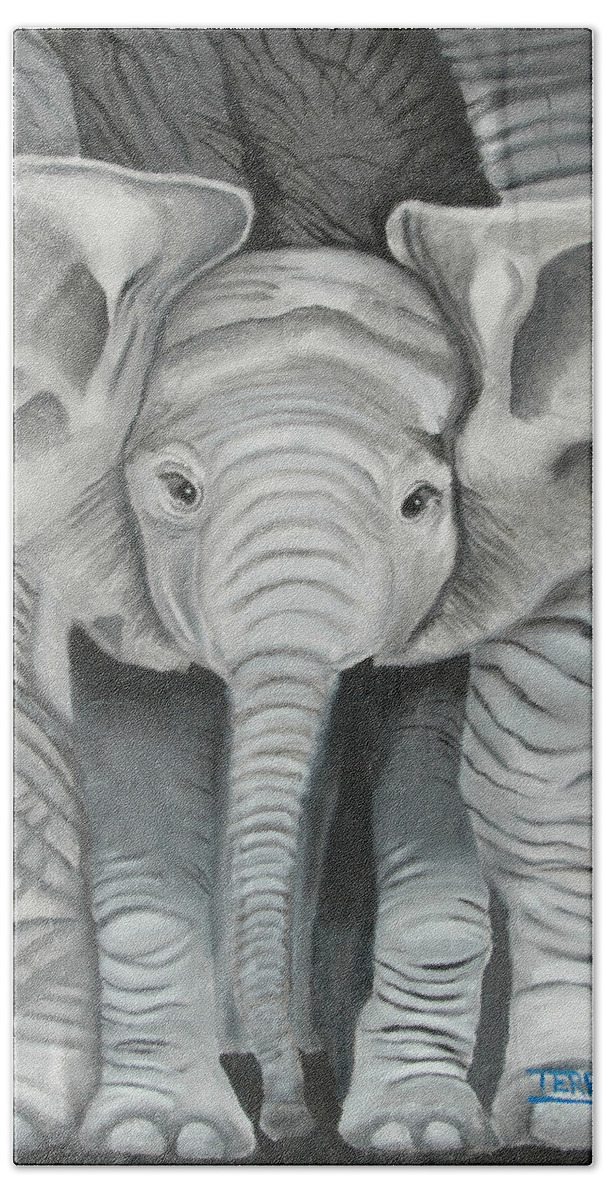Elephant Bath Towel featuring the painting Under Mom by Terry Lewey