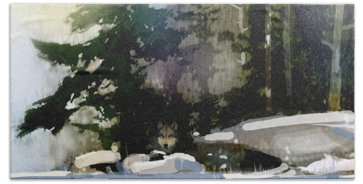 Wolf Bath Towel featuring the painting Under Surveillance by Paul Sachtleben