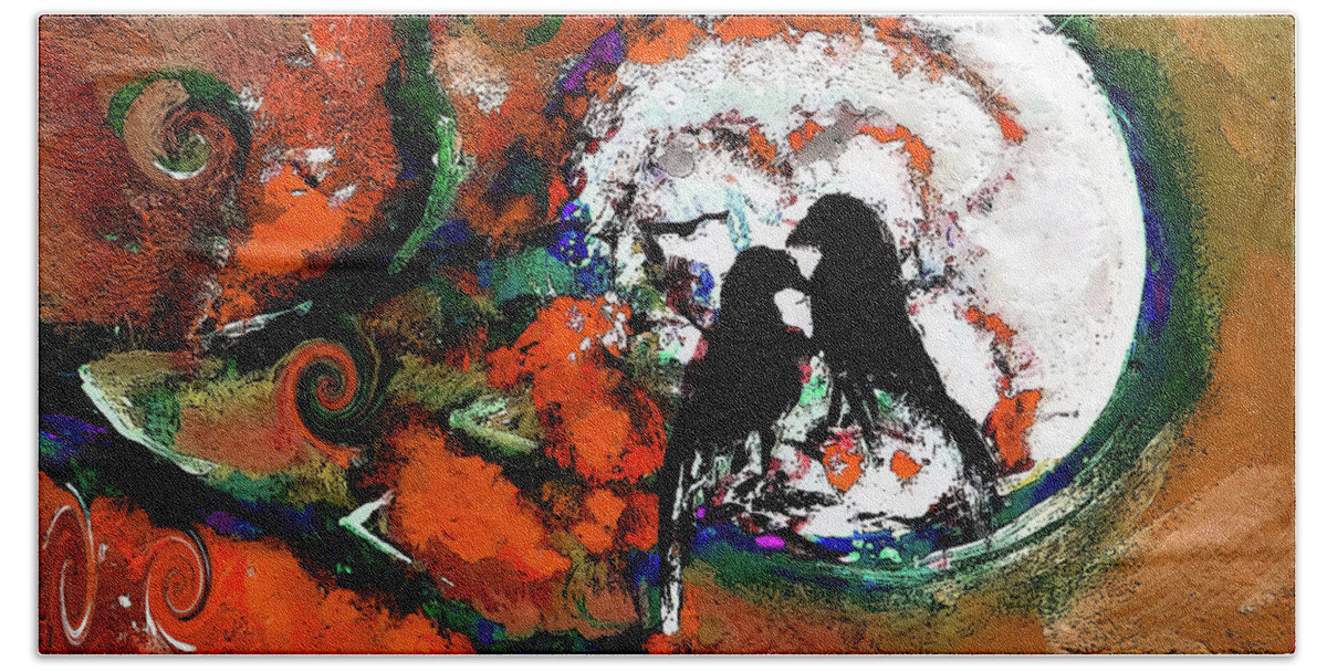 Full-moon Hand Towel featuring the digital art Under The Full Moon Black Bird Painting by Lisa Kaiser