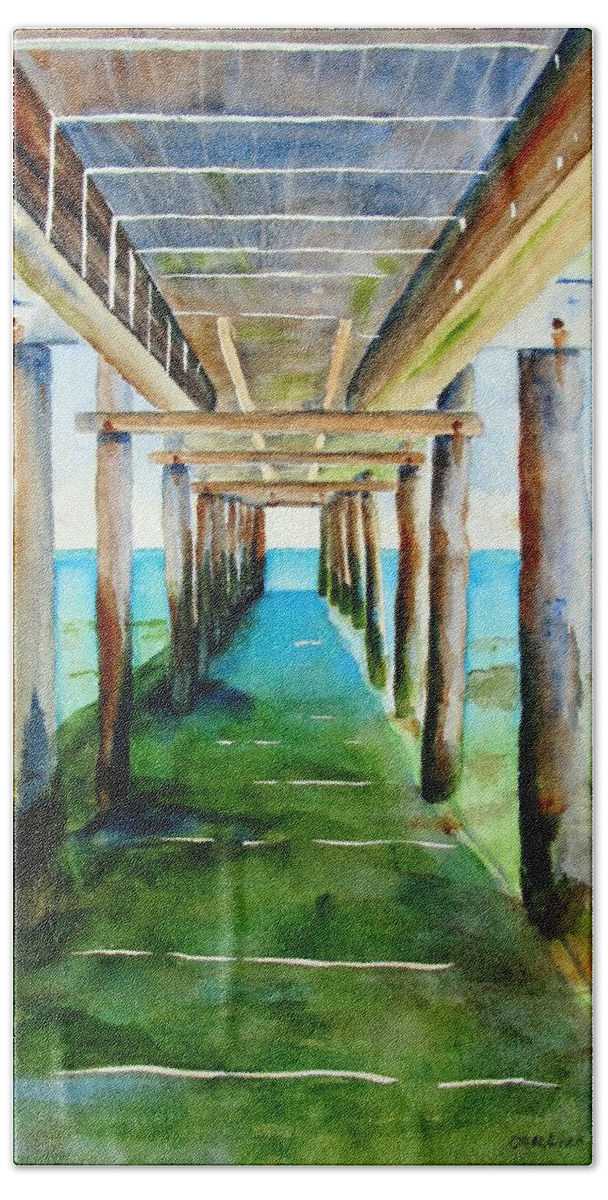 Pier Hand Towel featuring the painting Under the Playa Paraiso Pier by Carlin Blahnik CarlinArtWatercolor