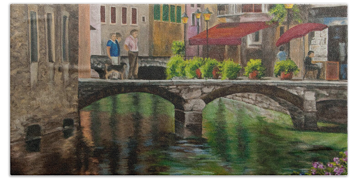 Annecy France Art Bath Towel featuring the painting Under the Umbrella in Annecy by Charlotte Blanchard