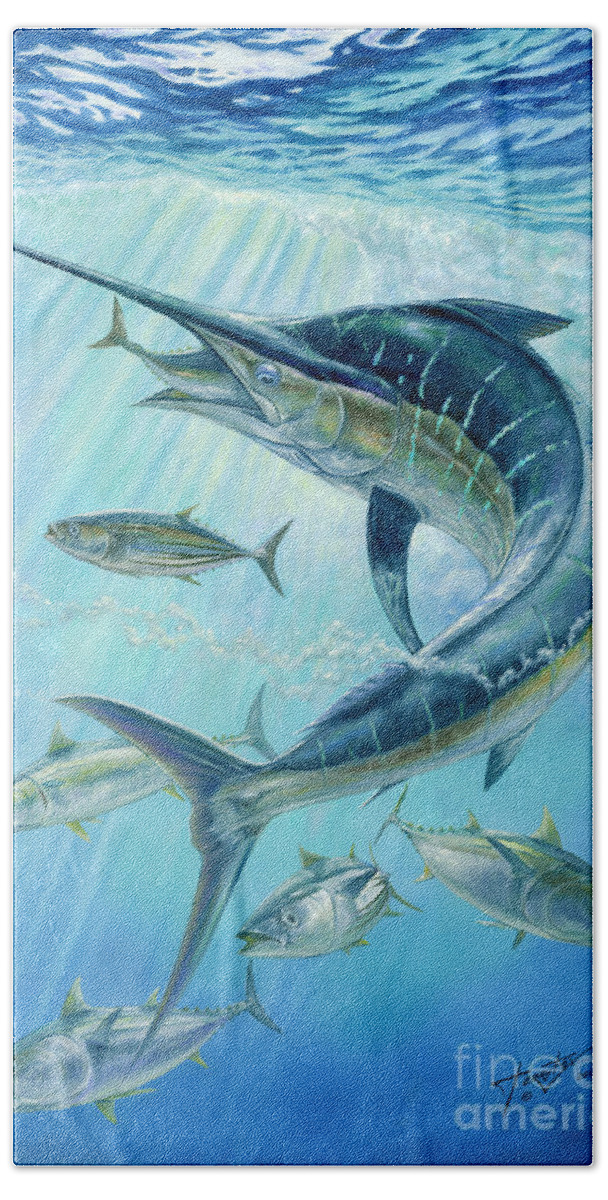 Blue Marlin Bath Towel featuring the painting Underwater Hunting by Terry Fox