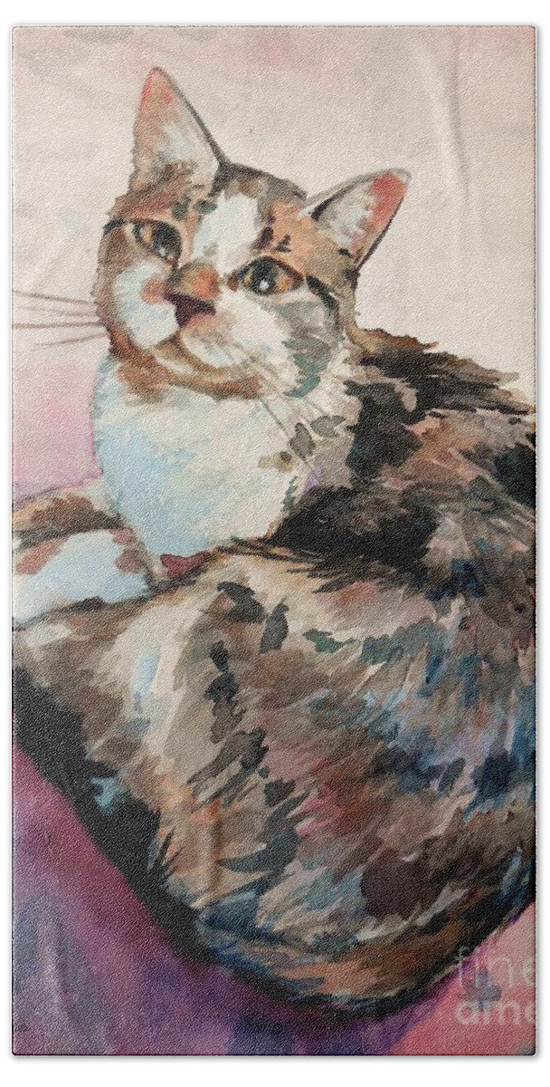 Cat Hand Towel featuring the painting Undivided Attention by K M Pawelec